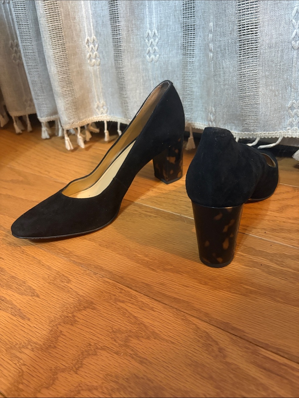 Talbots Black Suede Block Heel Pumps with Tortoiseshell Accent